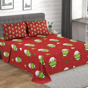 Pinbeam 3 Pcs Fitted Sheet Set Twin Size with Deep Pocket, Funny Christmas Tree Bedding Set with Pillowcase for Kids and Adults, Kids Winter Animal Flat Bed Sheet Set