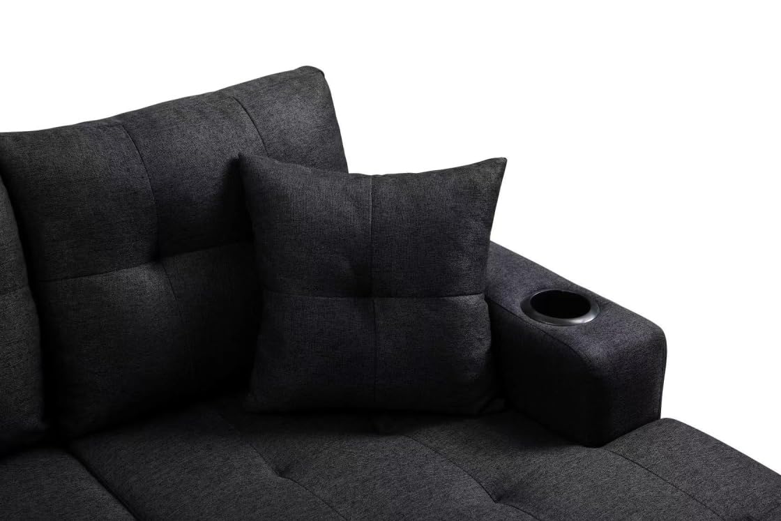 96" Sectional Sofa L-Shaped Couch with Chaise Lounge, Modern Corner Sofa Couch with Cup Holder and Pillows, 4-seat Sectional Sofa Cloud Couches for Living Room Apartment Office, Black