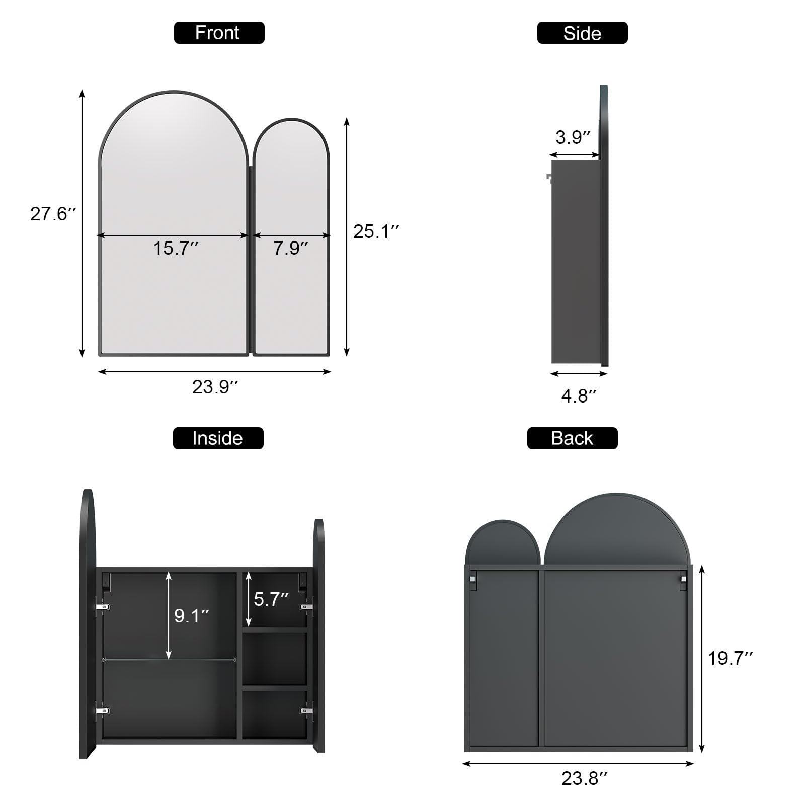 Mepplzian Black Arched Medicine Cabinet with Mirror,Black Medicine Cabinet with 2 Doors,Bathroom Medicine Cabinets Mirror Wall Mounted,24x28Inch