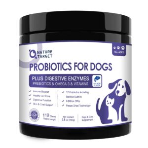 probiotics for dogs, 6 billion cfus, freeze dried dog probiotics with prebiotics and digestive enzymes - salmon-flavored - 119 chews