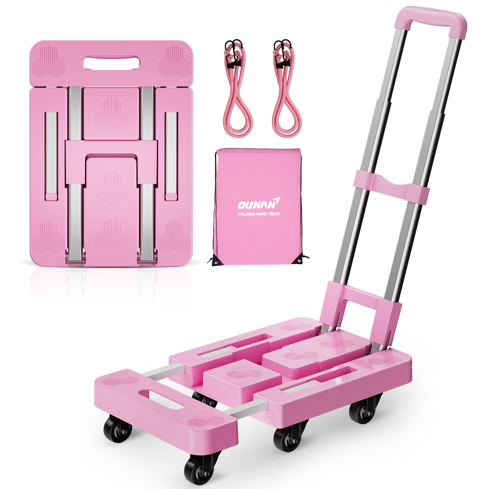 OUNAN 90° Multi-Functional Folding Hand Truck,500lbs Heavy Duty Dolly - Dolly Cart with 6 Wheels & 2 Elastic Ropes, Hand Cart with Upright Handle for Moving, Trolley, Travel, Office and Home Use(PINK)