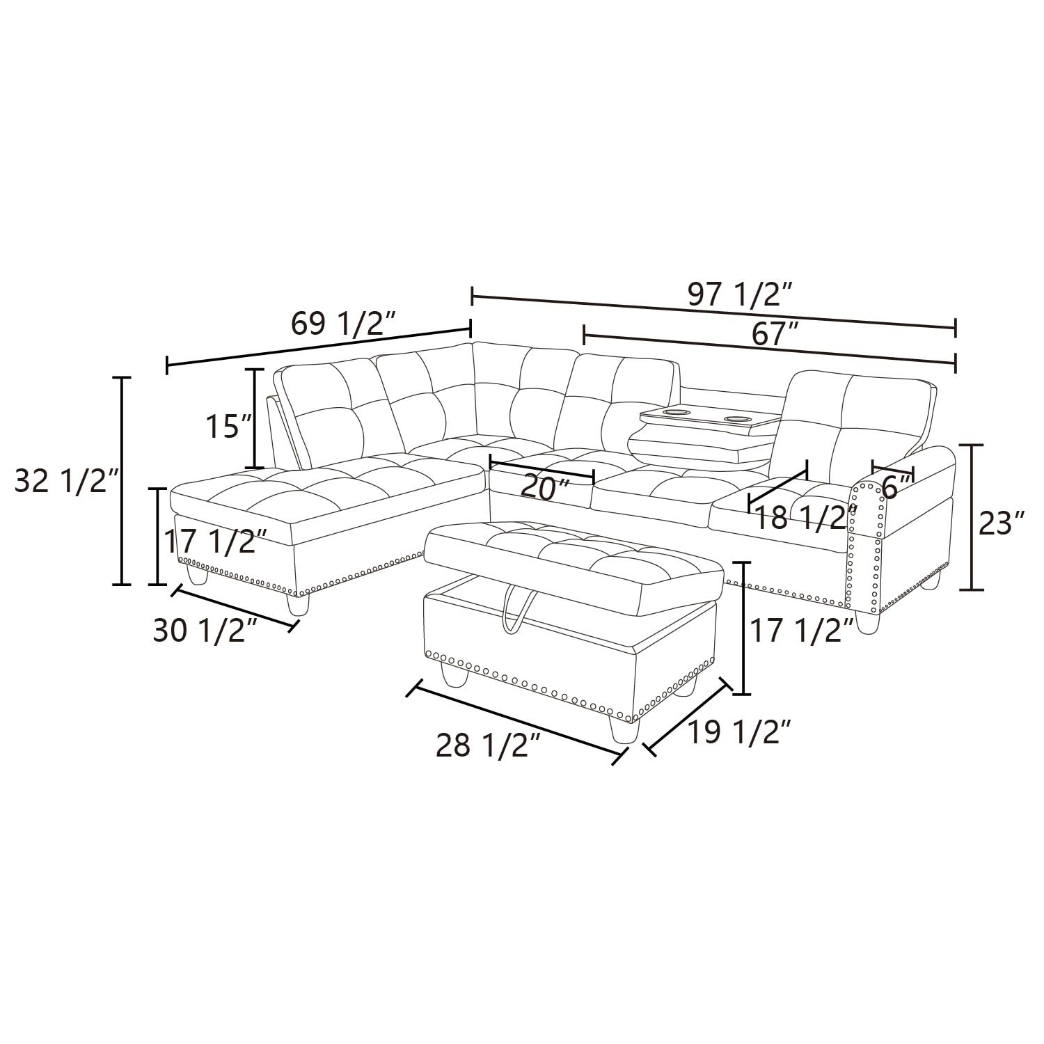 Modern Linen Sectional Couches w/ 2 Cup Holders & Chaise Lounge, Left Facing L-Shaped Sofa Upholstered Modular Corner 4 Seaters for Small Apartment, Living Room Furniture Set, Metal Legs (Black)