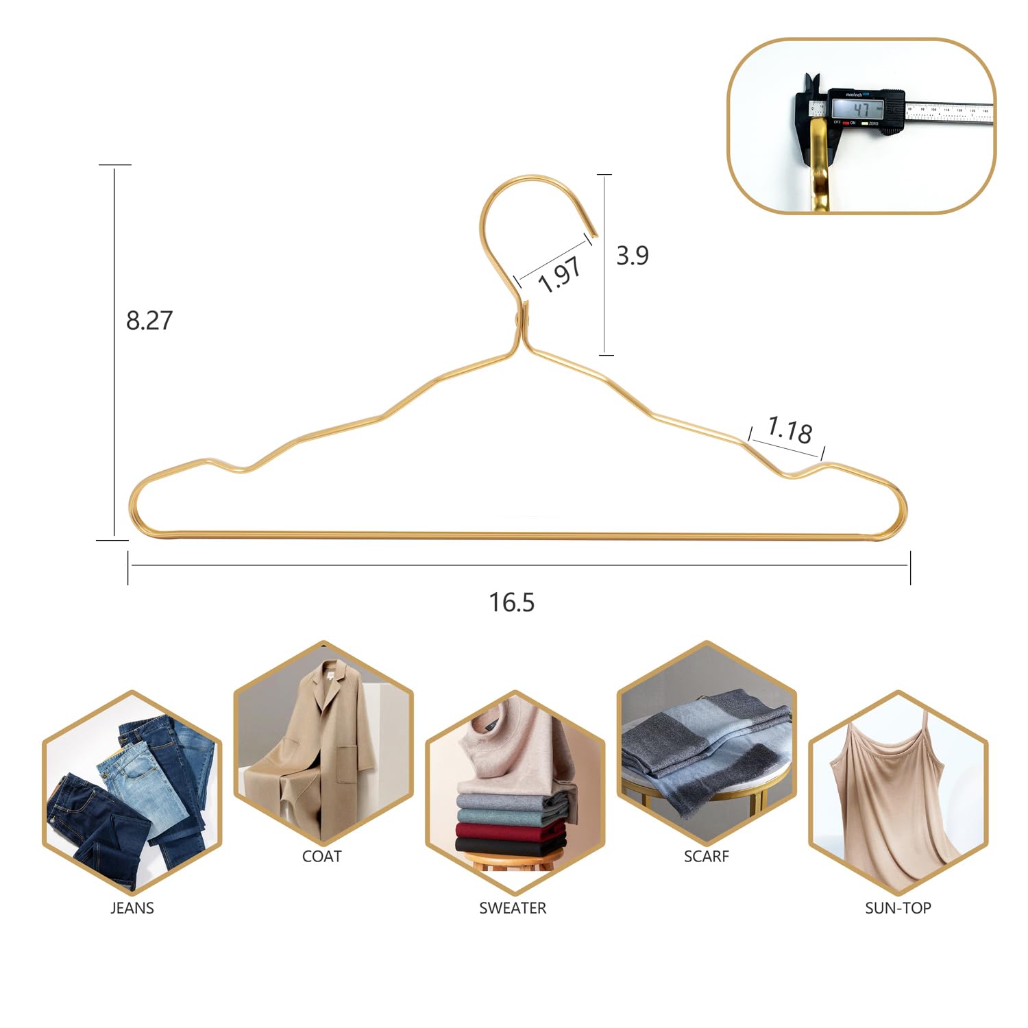 Clothes Hangers Metal 20 Pack,Smooth Surface Shirt Dress Hanger,Durable Heavy Duty Coat Hangers,Gold Aluminum Suit Hangers,16.5” Standard Hangers for Jacket Trouser Pant Slack