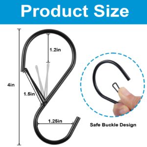 4 Inch S Hooks for Hanging with Safety Buckle, 12 Pack Heavy Duty S Hooks for Plants, S Shaped Hooks Metal S Hooks for Hanging Clothes,Kitchen Utensil,Pots and Pans,Bags,Jeans (Black)