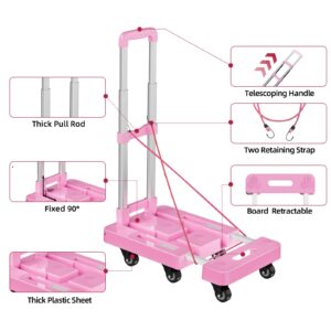 OUNAN 90° Multi-Functional Folding Hand Truck,500lbs Heavy Duty Dolly - Dolly Cart with 6 Wheels & 2 Elastic Ropes, Hand Cart with Upright Handle for Moving, Trolley, Travel, Office and Home Use(PINK)