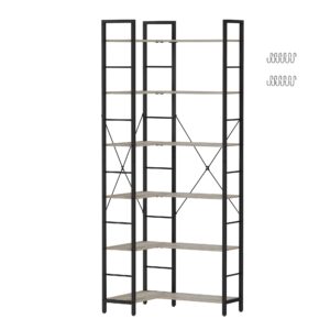 Hzuaneri Corner Bookshelf Bookcase, L-Shaped Industrial Bookshelves, Modern Tall Bookcases, Freestanding Display Shelf Storage Rack for Bedroom, Living Room, Home Office, 6-Tier Greige BC29605B