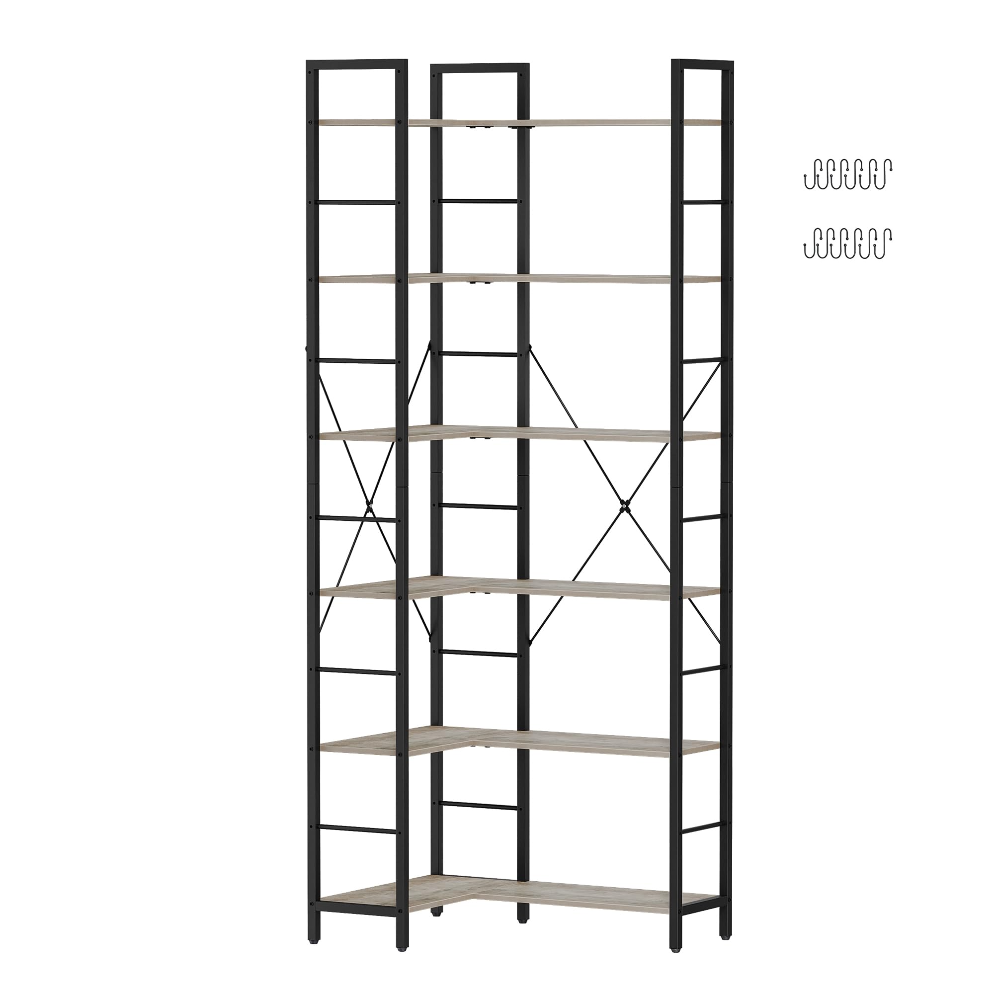 Hzuaneri Corner Bookshelf Bookcase, L-Shaped Industrial Bookshelves, Modern Tall Bookcases, Freestanding Display Shelf Storage Rack for Bedroom, Living Room, Home Office, 6-Tier Greige BC29605B