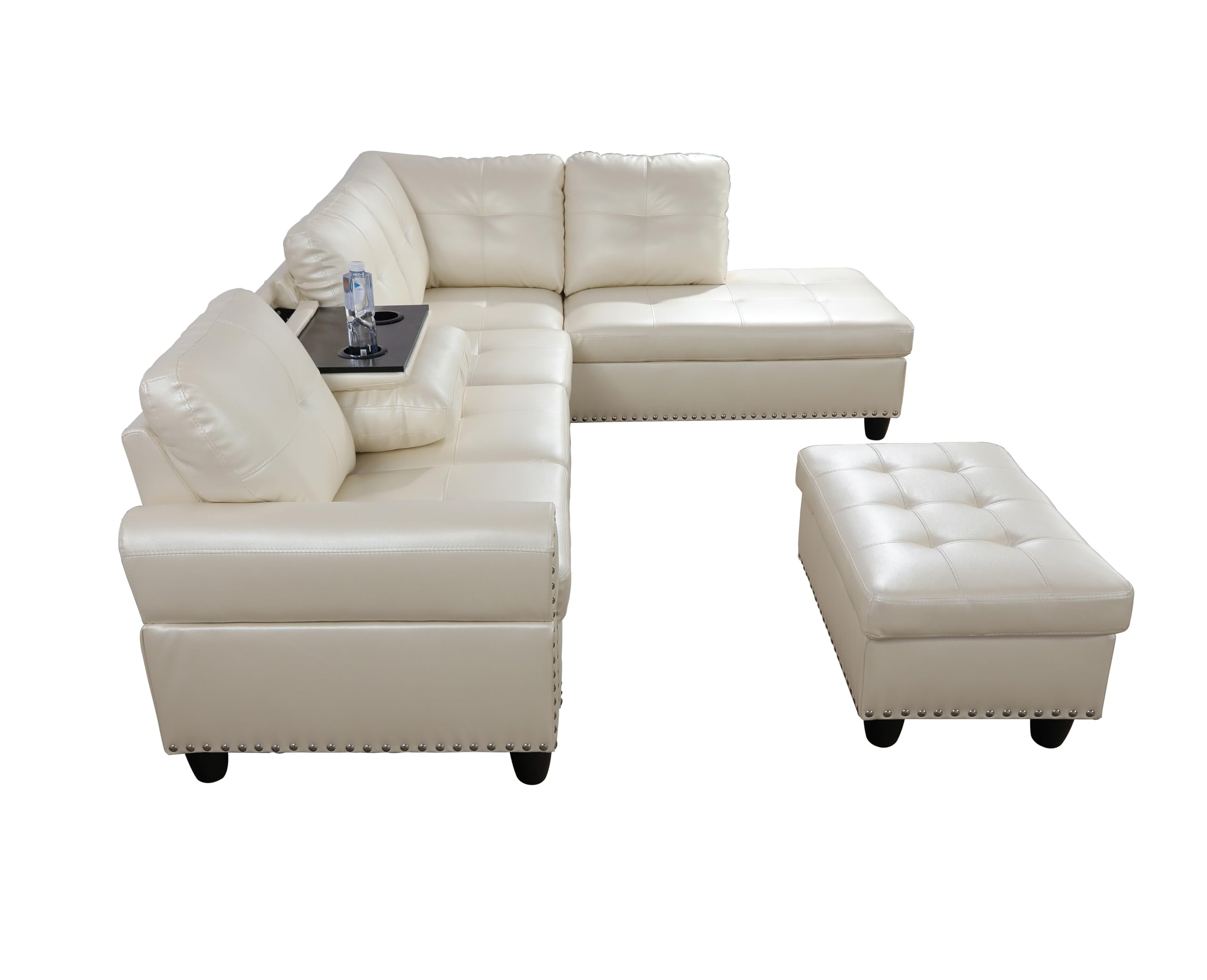 97 in L-shaped Sectional Couch, Button Tufted Upholstered Faux Leather Sofas w/ Chaise Lounge, Living Room Modular Furniture Sets, Foldable Console with Cup Holders, Wood Frame Metal Legs (White)