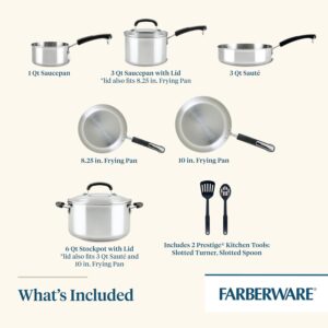 Farberware Brilliance Stainless Steel Cookware Pots and Pans Set with Kitchen Cooking Tools and Glass Lids, 10 Piece, Dishwasher Safe and Induction Ready, Stainless Steel