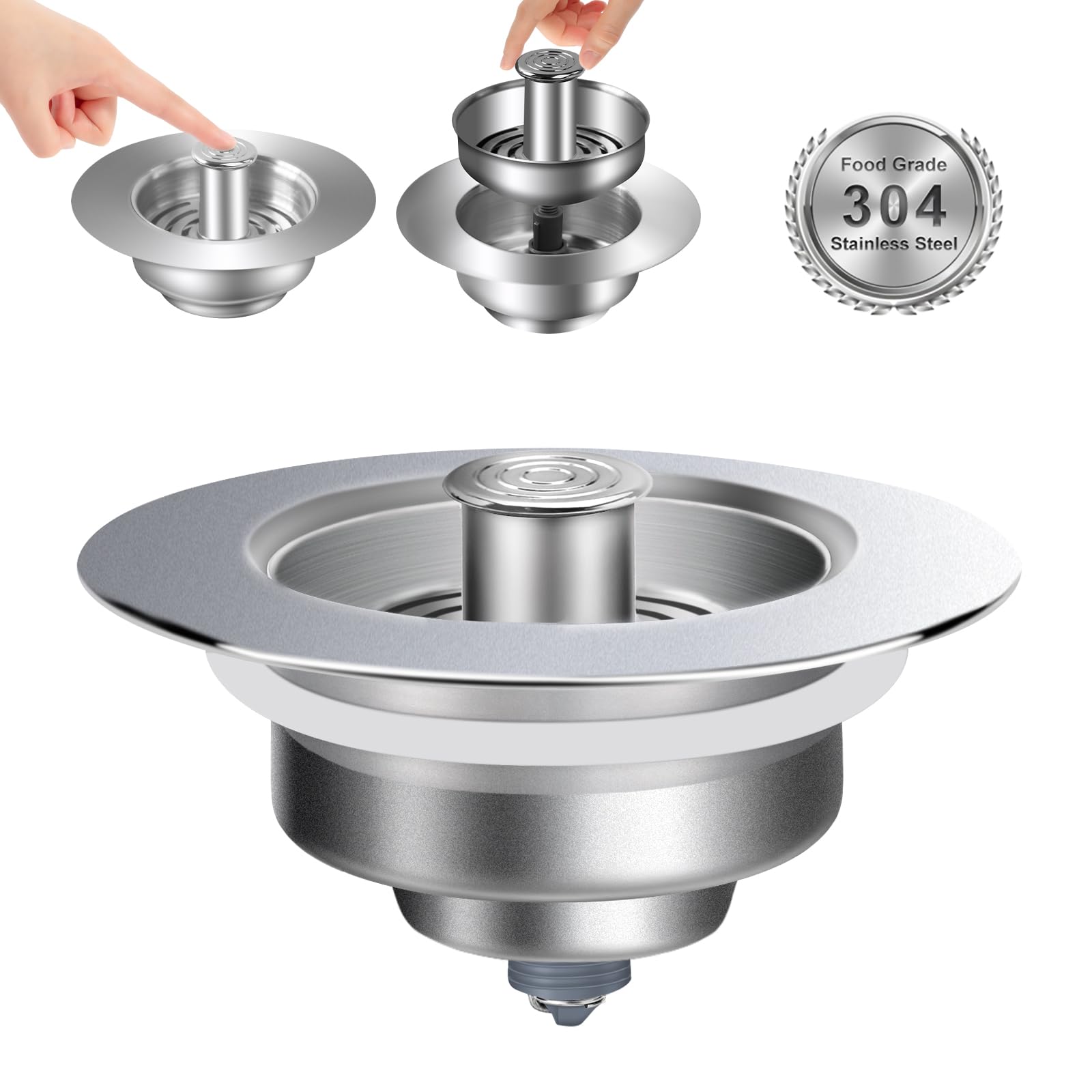 Upgraded 3 in 1 Kitchen Sink Drain Strainer - Stainless Steel Pop Up Sink Stopper Combo, Anti-Clogging Sink Catcher Basket, Fast Drainage Filter Sink Plug for US Standard 3 1/2 inch Drain