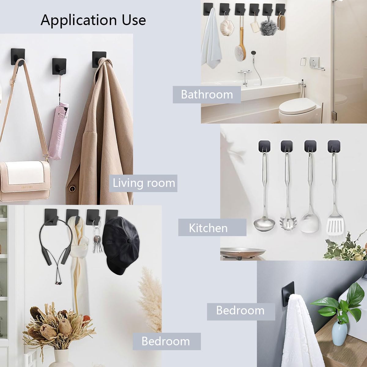 EDMILE Adhesive Hooks Wall Hooks, Adhesive Towel Hooks Stick on Towel Hanger Wall Holder, No Drill Hooks, Towel Coat Hat Hook Rack Wall Mount for Hanging Bathroom 6-Packs, Black