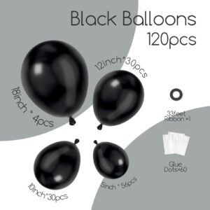 Awenztech 120pcs Black Balloon Arch Kit, 18 12 10 5 inch Black Latex Balloons Different Sizes Black Balloon Garland for Graduation Halloween Birthday Party Decorations