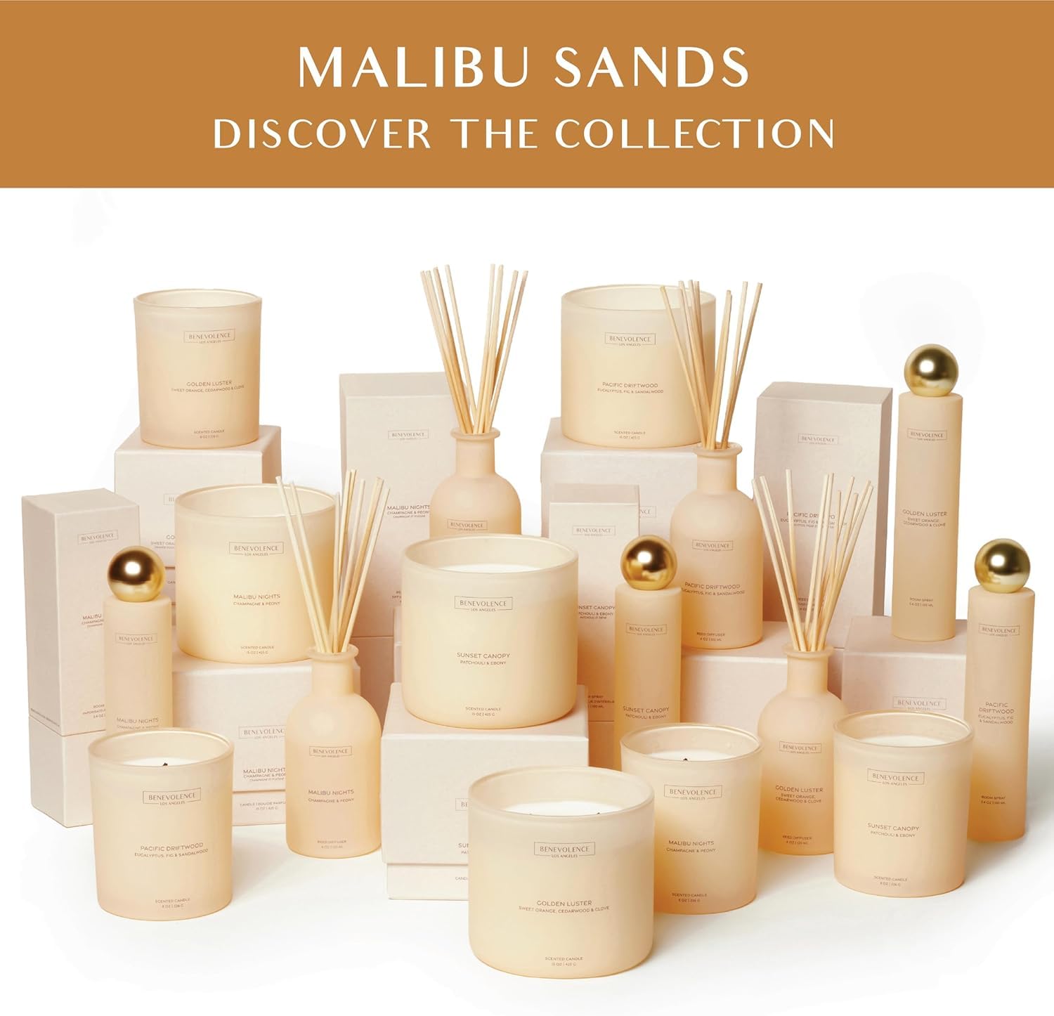 Benevolence LA Malibu Nights Scented Candle | Champagne & Peony | 15oz, 50-Hour Burn | Luxurious Home Fragrance | Natural Wax, Cotton Wick | Malibu Sands Collection