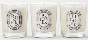 diptyque baies roses & figuier scented candle 3 piece set 70 grams each gift boxed, white