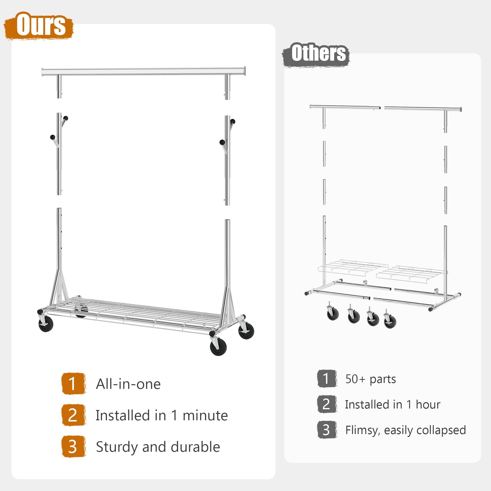 Gewudraw Heavy Duty Clothes Rack Load 480 LBS Metal Garment Rack Hang 200 pieces of clothing on Wheels Collapsible Rolling Portable & Adjustable Clothing Rack with Hook for Hanging Clothes