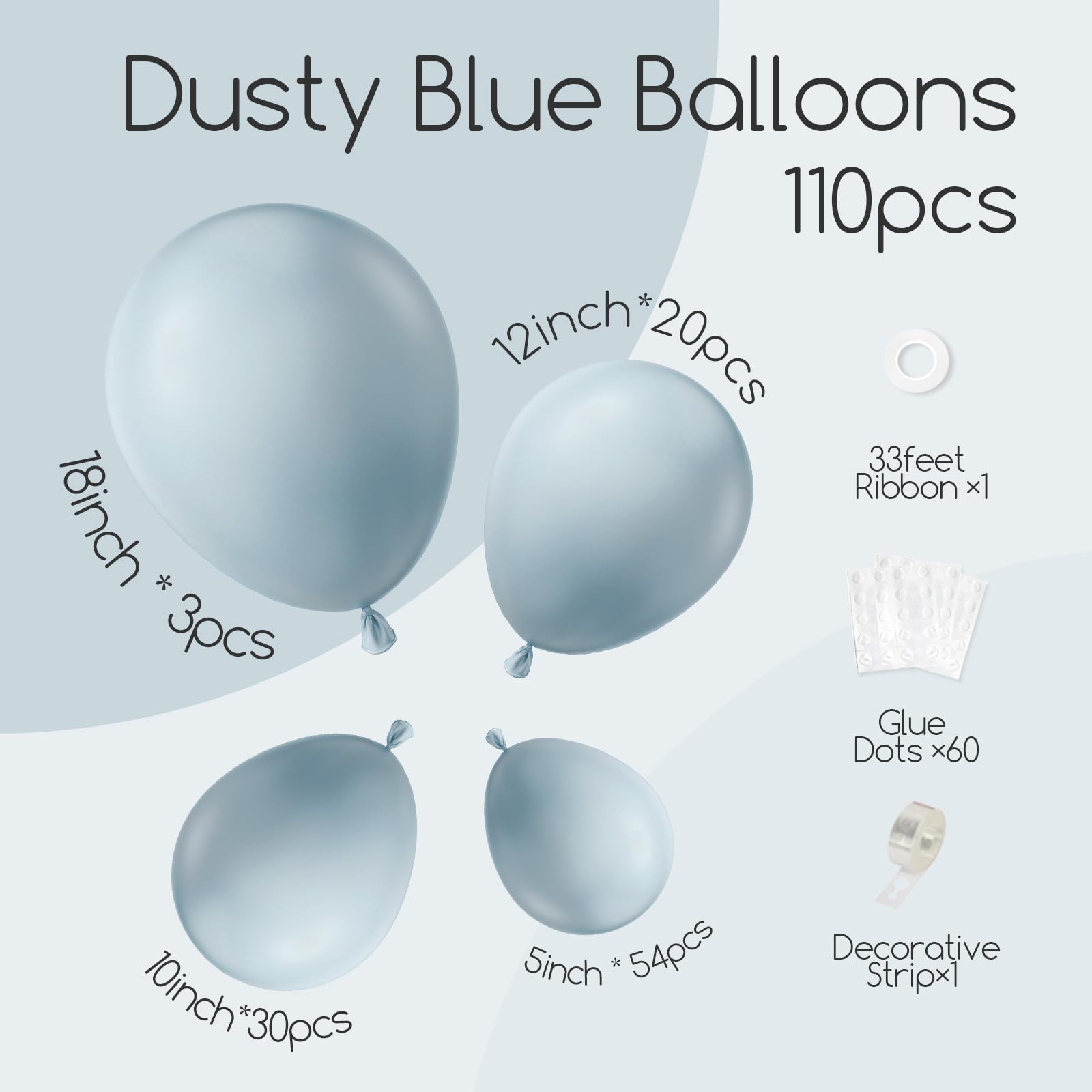 Awenztech 110pcs Dusty Blue Balloons, 18 12 10 5 inch Dusty Blue Balloons Different Sizes Dusty Blue Balloon Arch Kit for Bridal Shower Gender Reveal Baby Shower Birthday Party Decorations