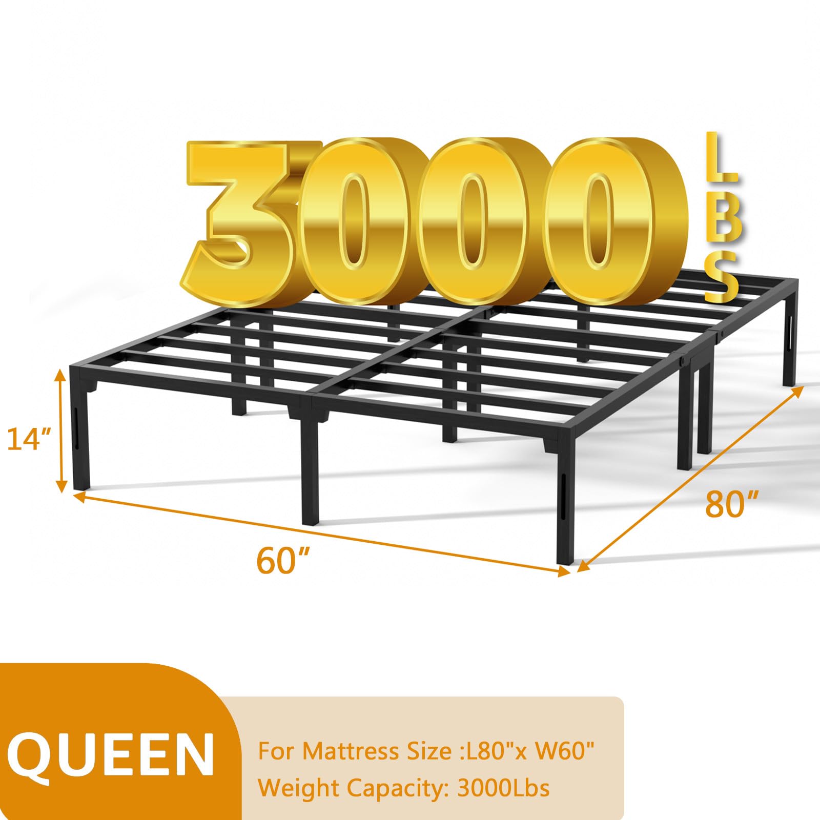 VENI HOME 14 Inch Queen Bed Frame, Heavy Duty Metal Platform Bed Frame with Dual Center Supports,No Box Spring Needed,Easy Assembly