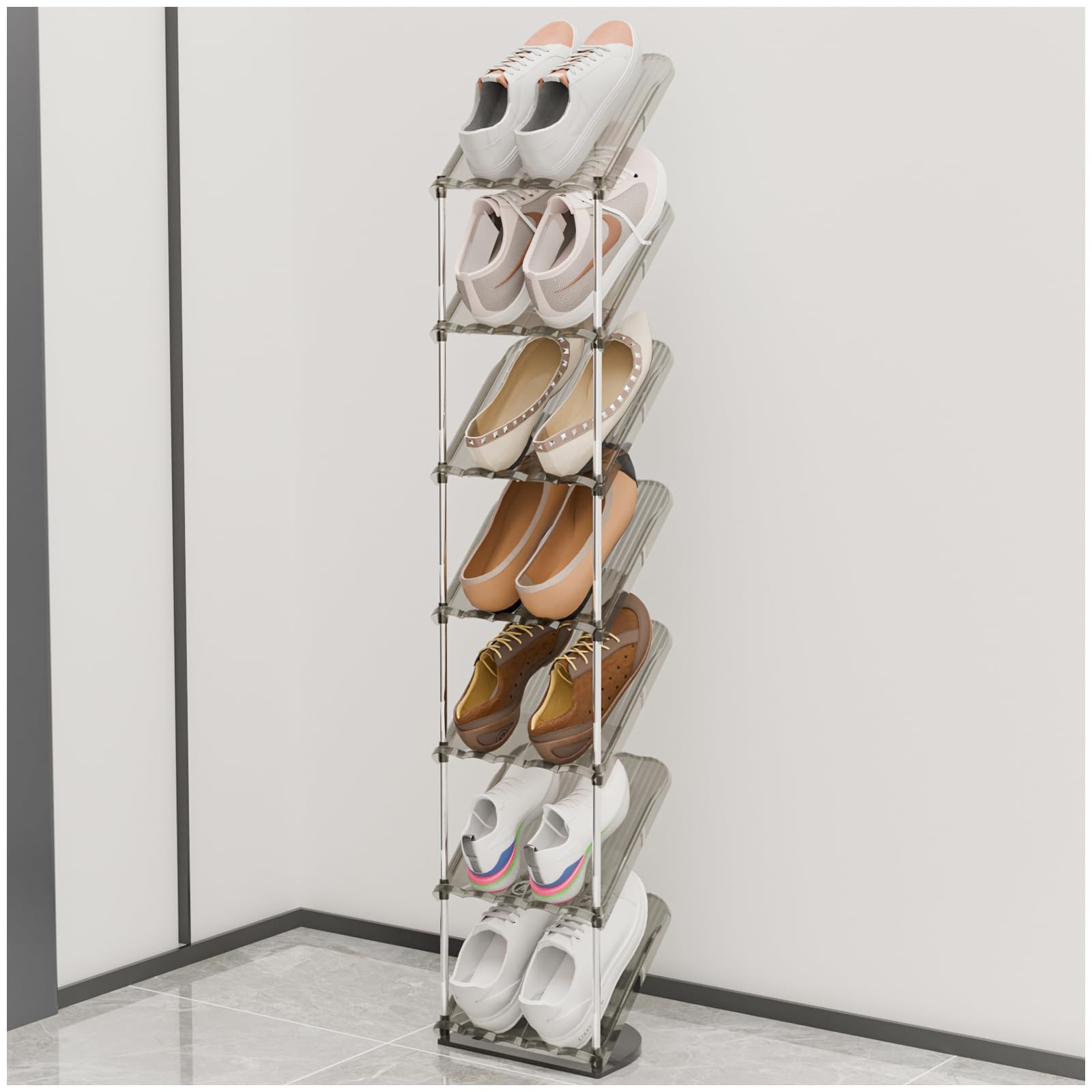 XIOUHM Elegant Shoe Rack 7 Tier Vertical Shoe Storage Organizer Holder Space Saving Free Standing Luxurious Narrow Shoe Shelf for Closet Garage Entryway and Front Door Entrance (Transparent Black)