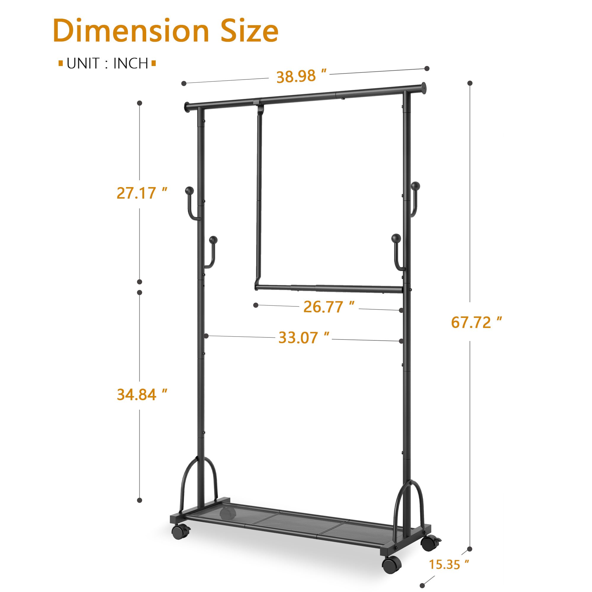 Gewudraw Double Rod Clothes Rack with Wheels Clothing Racks for Hanging Clothes, Rolling Garment Rack with Shelf Sturdy Closet Rack, Clothes Hanger Rack with hook for Pants, Dresses, Easy to Assemble