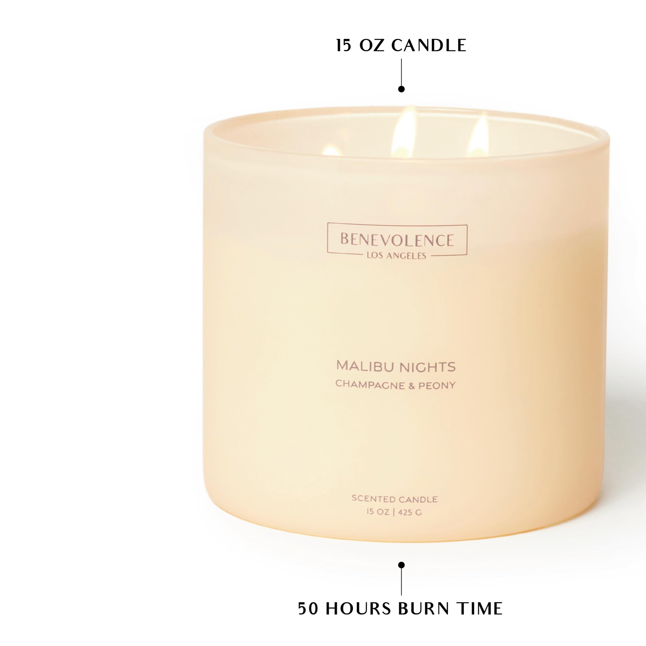 Benevolence LA Malibu Nights Scented Candle | Champagne & Peony | 15oz, 50-Hour Burn | Luxurious Home Fragrance | Natural Wax, Cotton Wick | Malibu Sands Collection