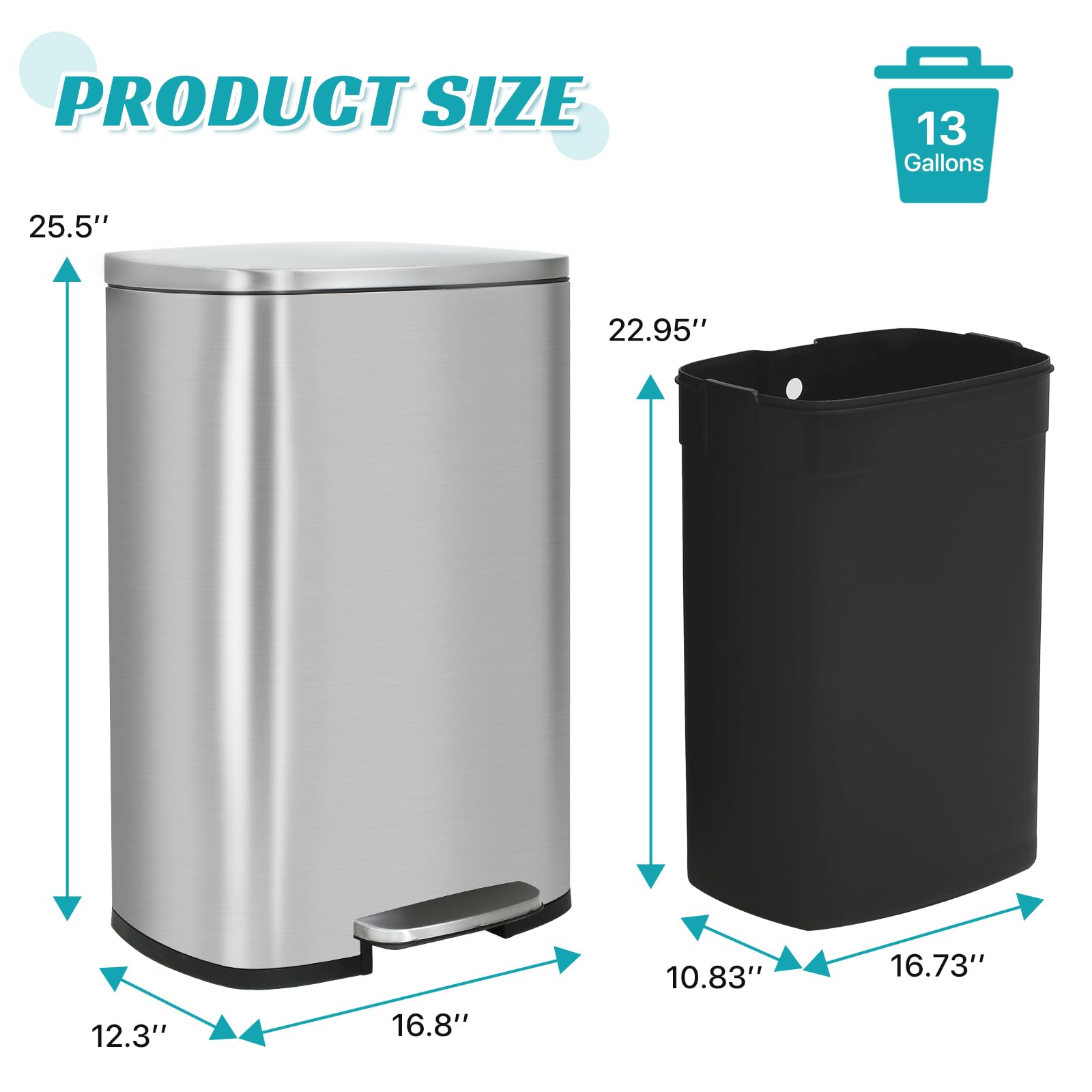 13 Gallon Kitchen Trash Can with Lid, Garbage Can with Foot Pedal and Inner Bucket, Fingerprint Resistant Stainless Steel Step Up Trash Can for Household and Kitchen Trash Recycling (Silver)