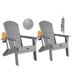 plawdlik folding adirondack chair, sgs tested, wooden textured with cup holder, heavy all-weather hdpe comfortable set poolside backyard lawn grey set 2