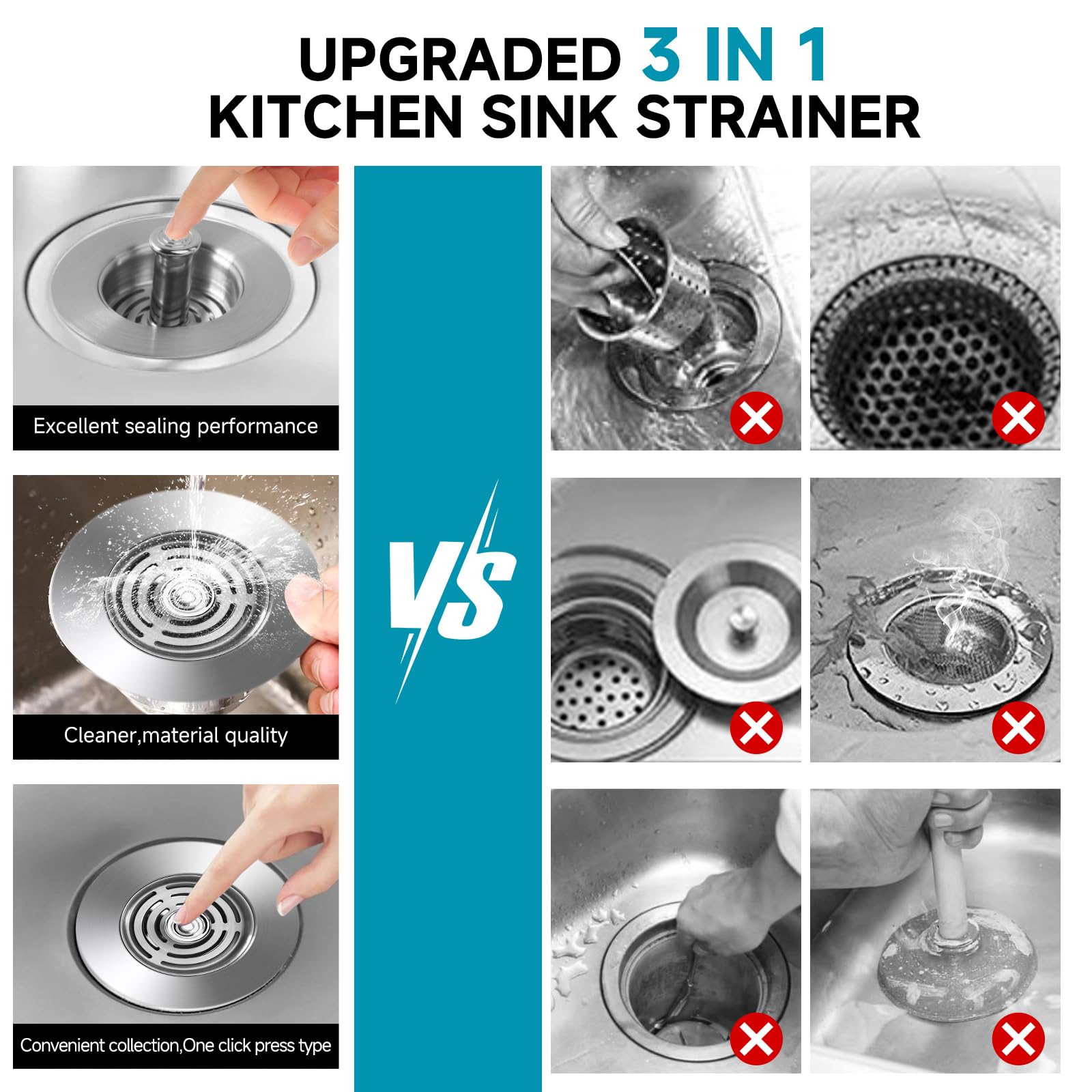 Upgraded 3 in 1 Kitchen Sink Drain Strainer - Stainless Steel Pop Up Sink Stopper Combo, Anti-Clogging Sink Catcher Basket, Fast Drainage Filter Sink Plug for US Standard 3 1/2 inch Drain