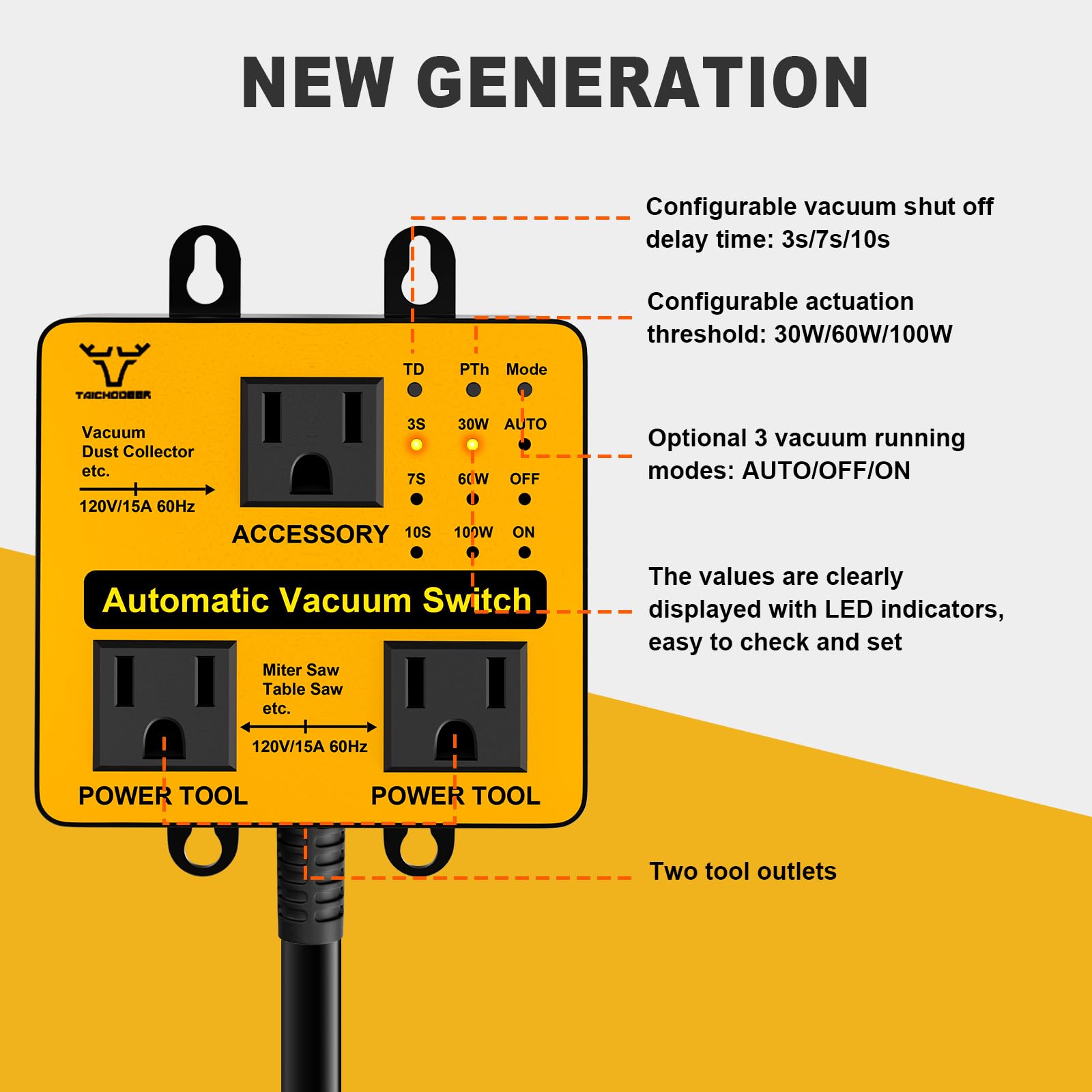 Upgraded Automatic Vacuum Switch, Autoswitch for Dust Collector, Customizable Delay (3/7/10s) for Shop Vac, Adjustable Power Tool Trigger (30/60/100W), with Overload and Tripping Protection