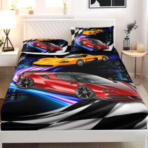 AILONEN Racing Car Fitted Sheet Set Twin XL Size,Black and White Grid Bed Sheet Set for Kids Boys Teen,3 Pieces Extreme Games Race Car Sheet Set for Room,1 Fitted Sheet with 2 Pillowcases