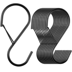 4 inch s hooks for hanging with safety buckle, 12 pack heavy duty s hooks for plants, s shaped hooks metal s hooks for hanging clothes,kitchen utensil,pots and pans,bags,jeans (black)