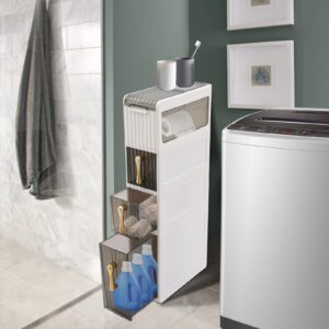 HuaShuani Plastic Bathroom Floor Cabinet, Narrow Bathroom Storage Cabinet with Toilet Paper Holder Organizer for Crevice Storage, 7.48 * 16.73 * 37.4in