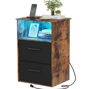 qupui led nightstand with charging station, small nightstand with 2 drawers, smart nightstand with open storage, bedside nightstand for bed and top, living room, rustic brown