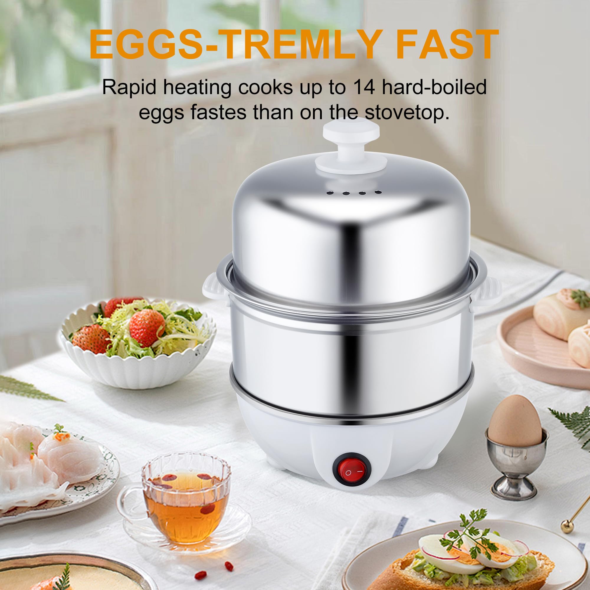 CACHOO Rapid Egg Cooker, 14 Egg Capacity Electric Egg Cooker for Soft, Medium, Hard Boiled, Steamed Eggs, Vegetables and Dumplings & More, with Boil-dry Protection, Stainless Steel Tray