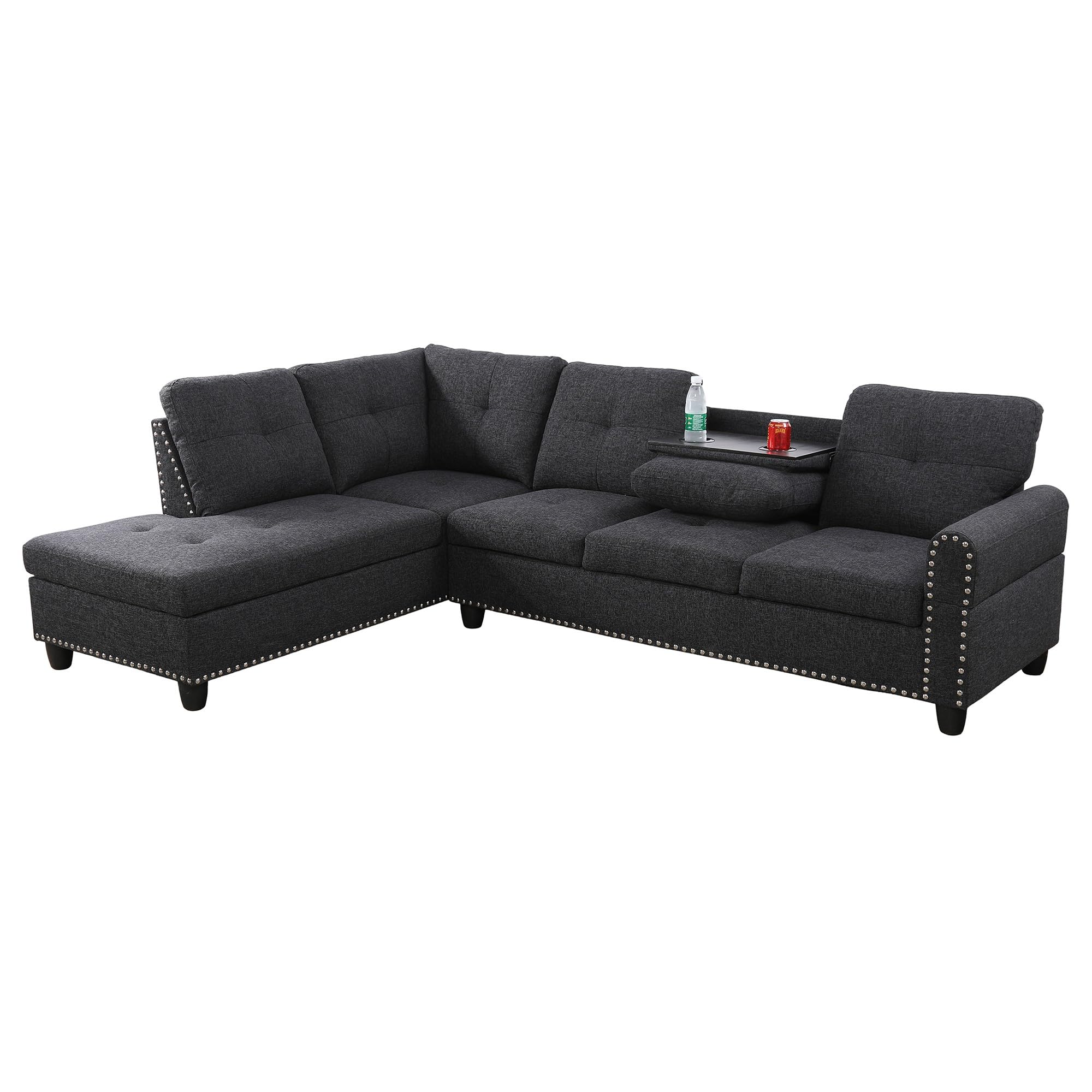 Modern Linen Sectional Couches w/ 2 Cup Holders & Chaise Lounge, Left Facing L-Shaped Sofa Upholstered Modular Corner 4 Seaters for Small Apartment, Living Room Furniture Set, Metal Legs (Black)