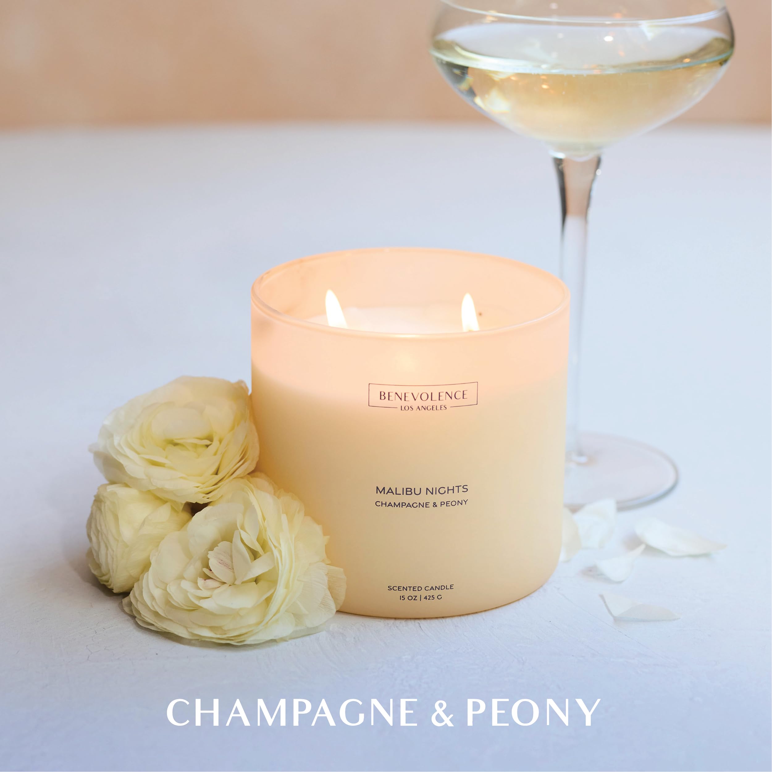 Benevolence LA Malibu Nights Scented Candle | Champagne & Peony | 15oz, 50-Hour Burn | Luxurious Home Fragrance | Natural Wax, Cotton Wick | Malibu Sands Collection