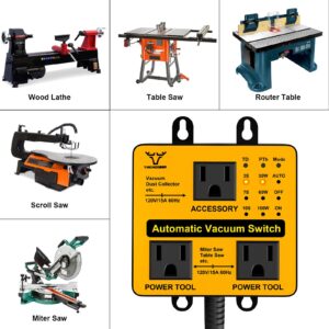 Upgraded Automatic Vacuum Switch, Autoswitch for Dust Collector, Customizable Delay (3/7/10s) for Shop Vac, Adjustable Power Tool Trigger (30/60/100W), with Overload and Tripping Protection