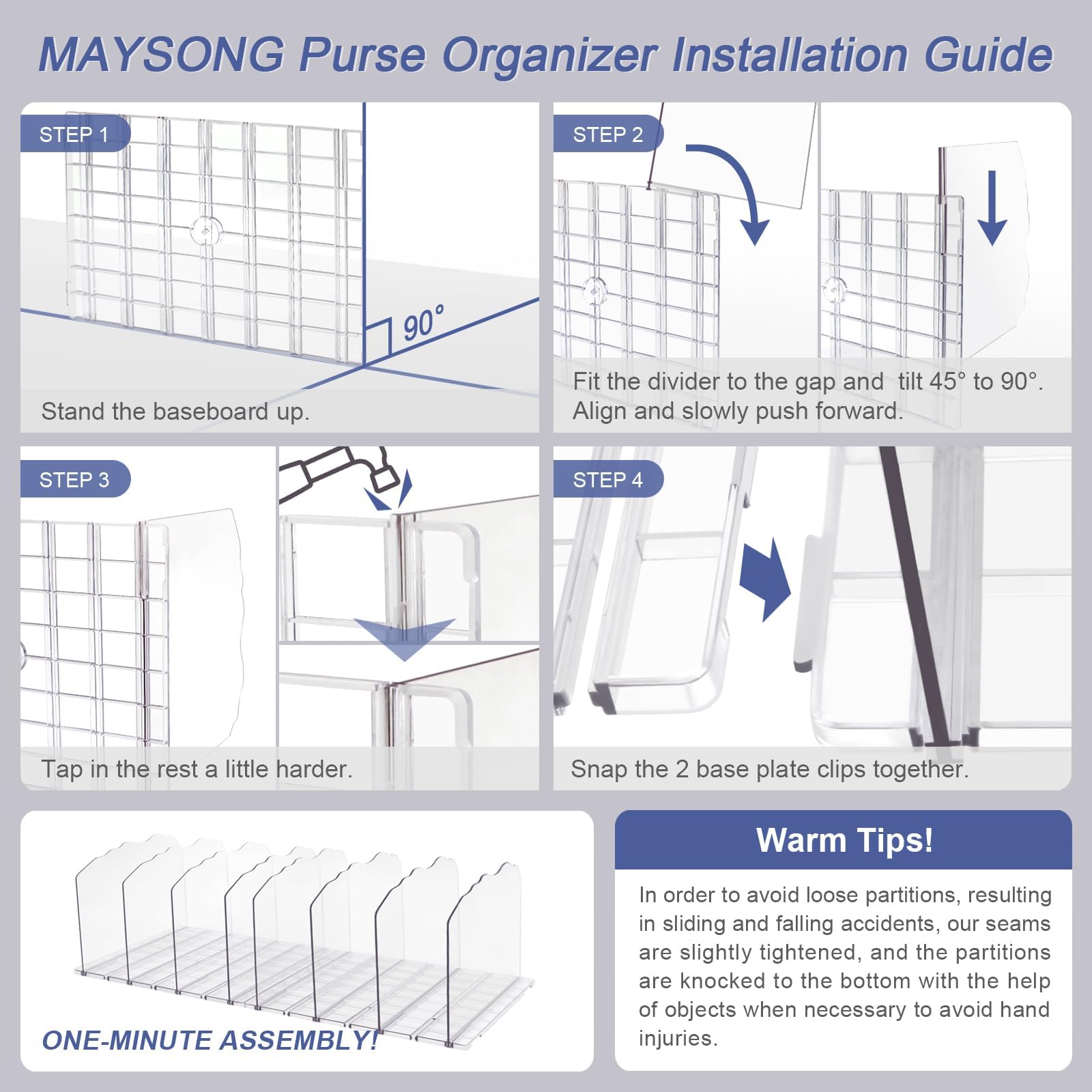 MAYSONG Adjustable Purse Organizer for Closet - Clear Acrylic Handbag Separators, Closets Divider for Clothes Purses Handbag (2 Base Boards 8 Shelf Dividers)