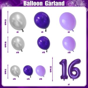 cocomigo 140pcs Sweet 16 Birthday Decorations for Girls, Purple Sweet 16 Party Decorations include Banner Light Balloons Tiara Sash Caketopper Guest Book Money Pull Box tablecloth Foil Fringe Curtain