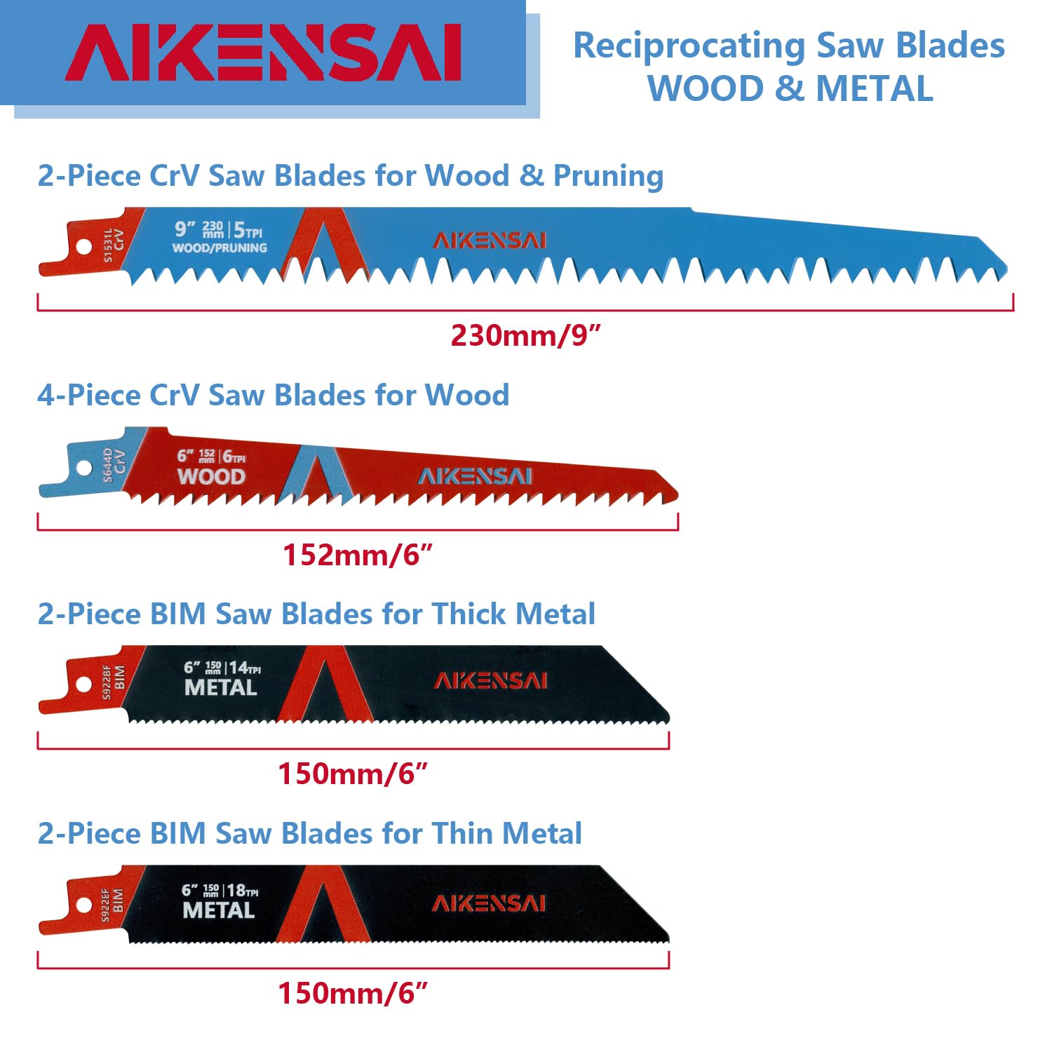 AIKENSAI 10-Piece Reciprocating Saw Blades Set Wood Metal Pruning Saw Blades with Organizer Tube Compatible with Milwaukee Makita Dewalt Ryobi etc