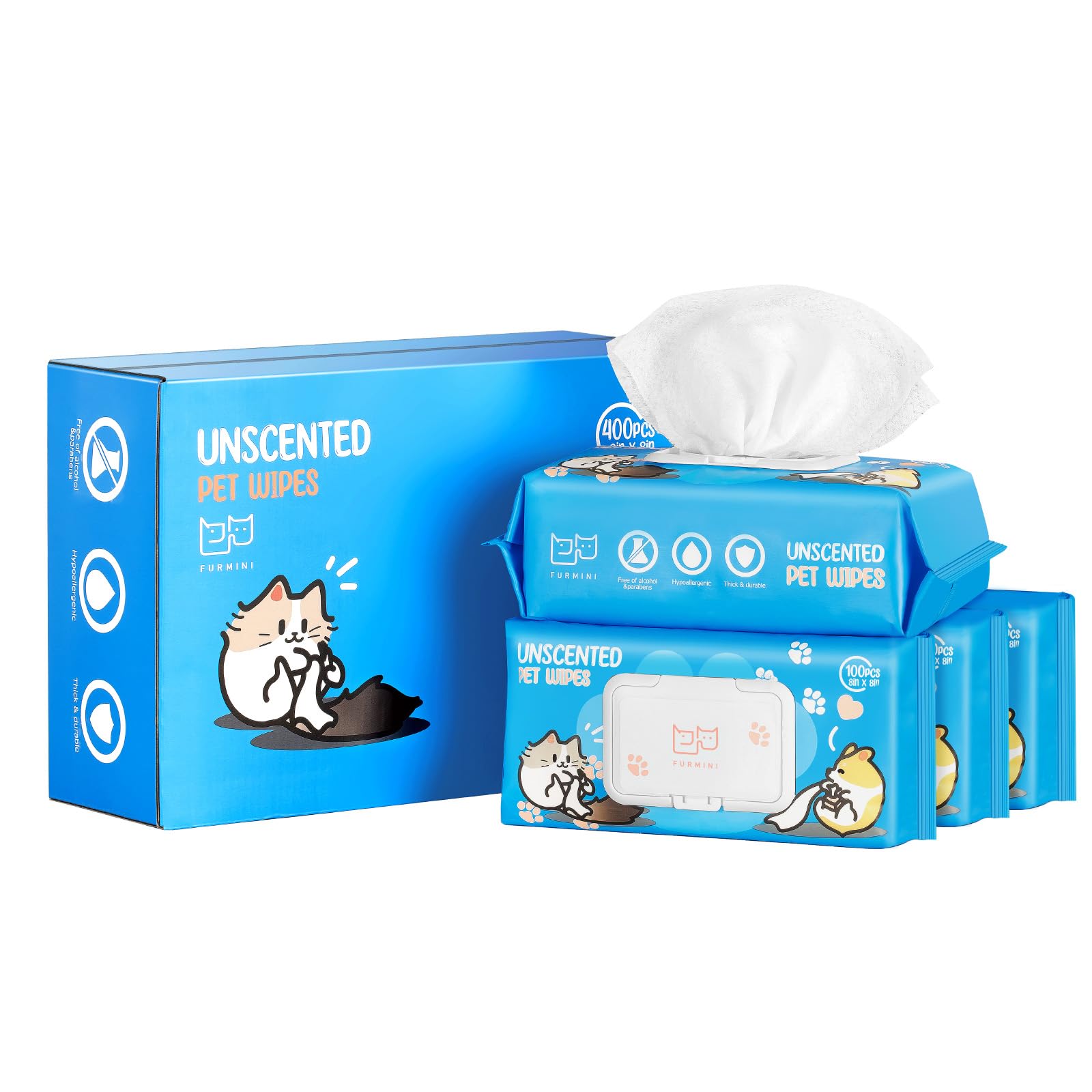 Furmini Unscented Pet Wipes (400pcs) - Hypoallergenic, Alcohol-Free & Soothing for Sensitive Skin - Head-to-Tail Cleaning for Dogs & Cats - Safe for Face, Coat, Paws & Butt