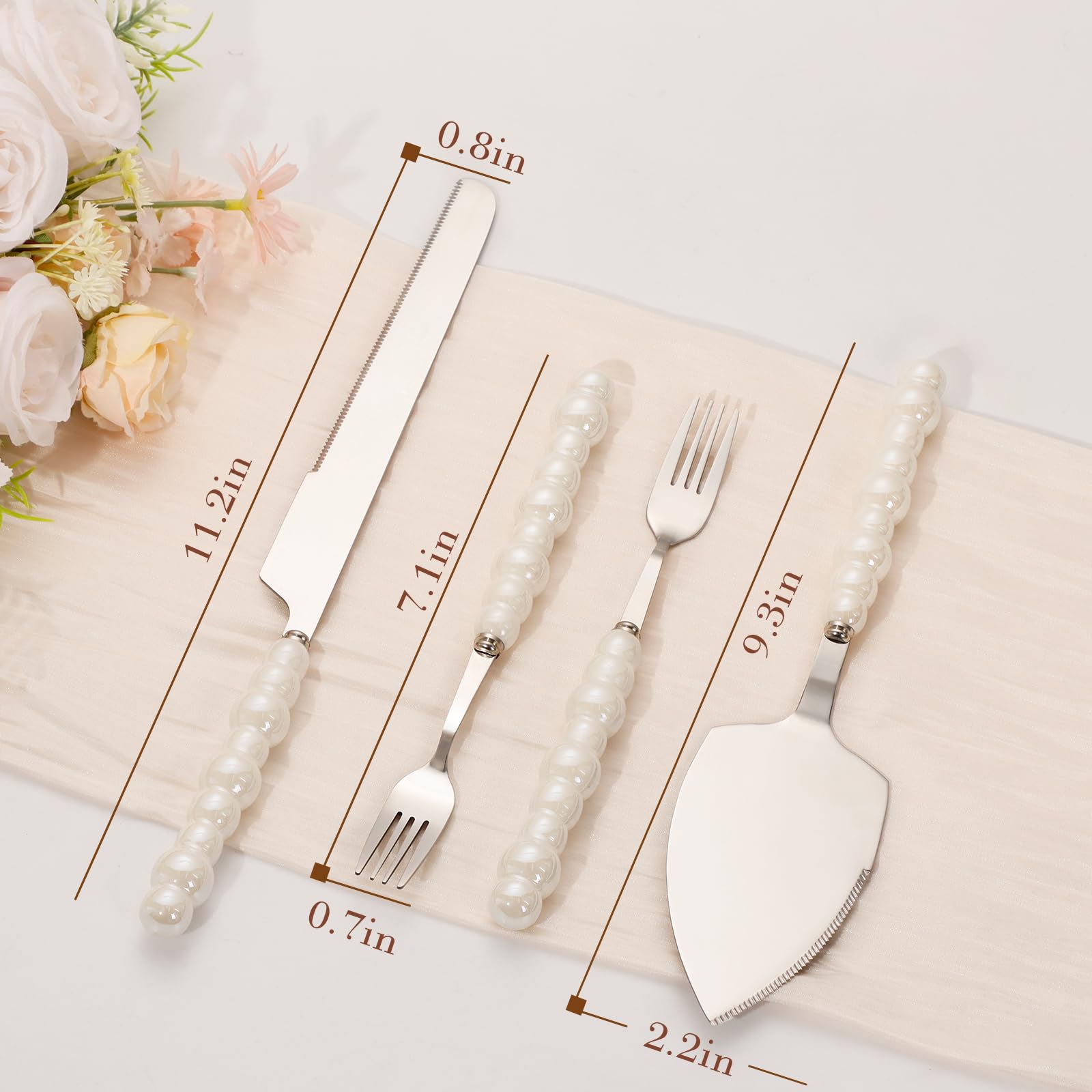 TUKDAK Pearl Wedding Cake Cutting Set with Forks, Cake Knife and Server Set with Stainless Steel Serrated Edges, Silver Pie Cutter Pizza Spatula, Gift for Bridal Couples Engagement