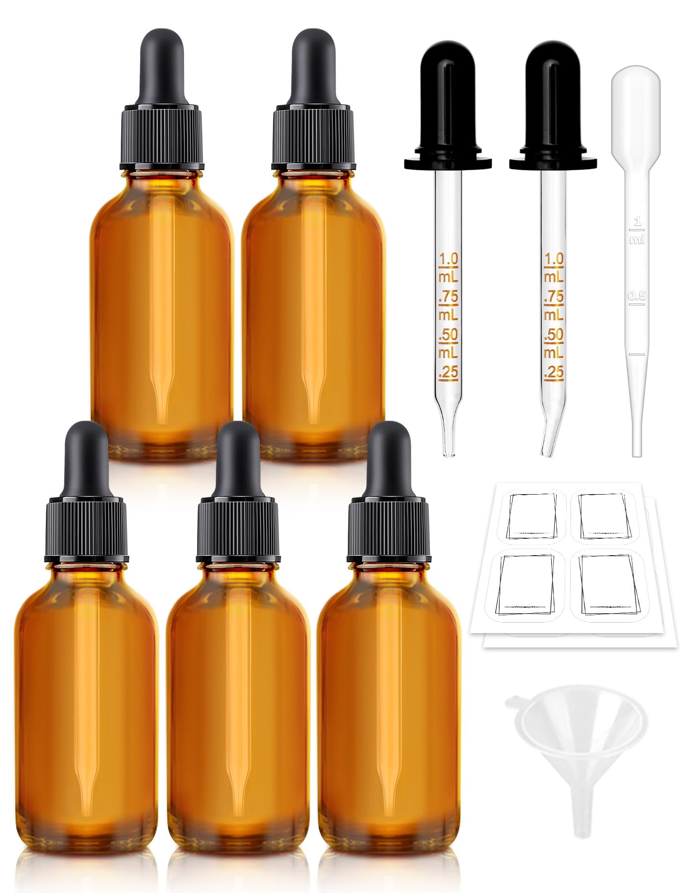 Bumobum 5 Pack, 1 oz Dropper Bottle with 2 Extra Graduated Calibrated Glass Dropper (1ml), Amber Glass Dropper Bottle 30ml Empty Dark Brown Tincture Bottles Eye Dropper for Essential Oils, Liquids