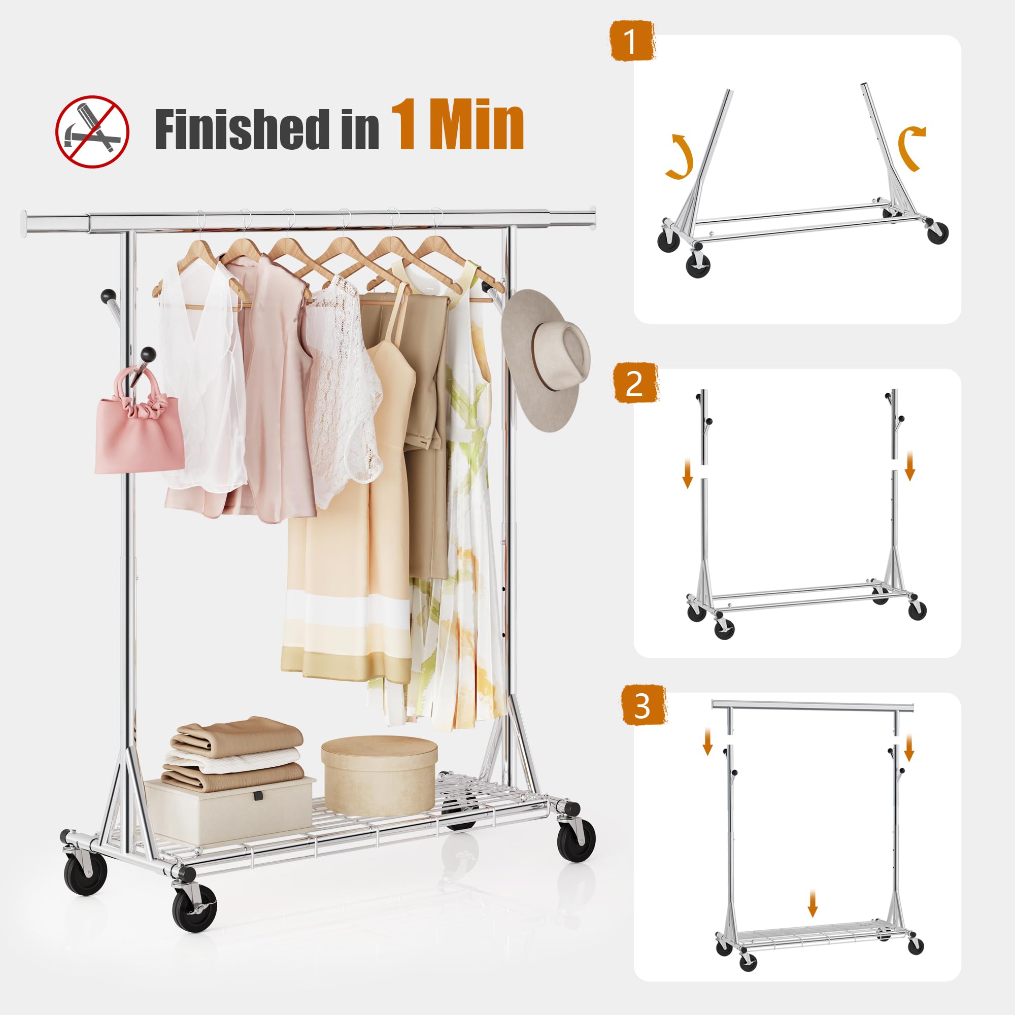 Gewudraw Heavy Duty Clothes Rack Load 480 LBS Metal Garment Rack Hang 200 pieces of clothing on Wheels Collapsible Rolling Portable & Adjustable Clothing Rack with Hook for Hanging Clothes