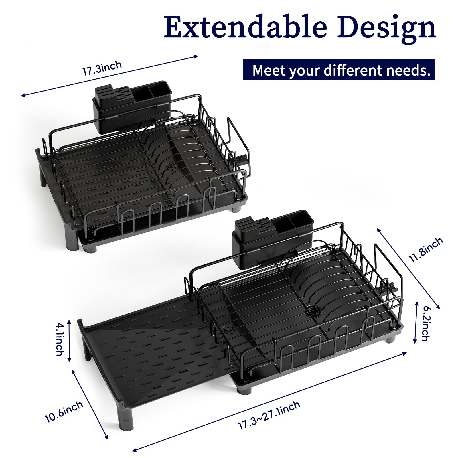 Fixwal Large Dish Drying Rack Expandable Dish Rack for Kitchen Counter, Rust-Resistant Metal Dish Drainer with Cup Holder, Cutlery Holder and Utensil Holder, Black