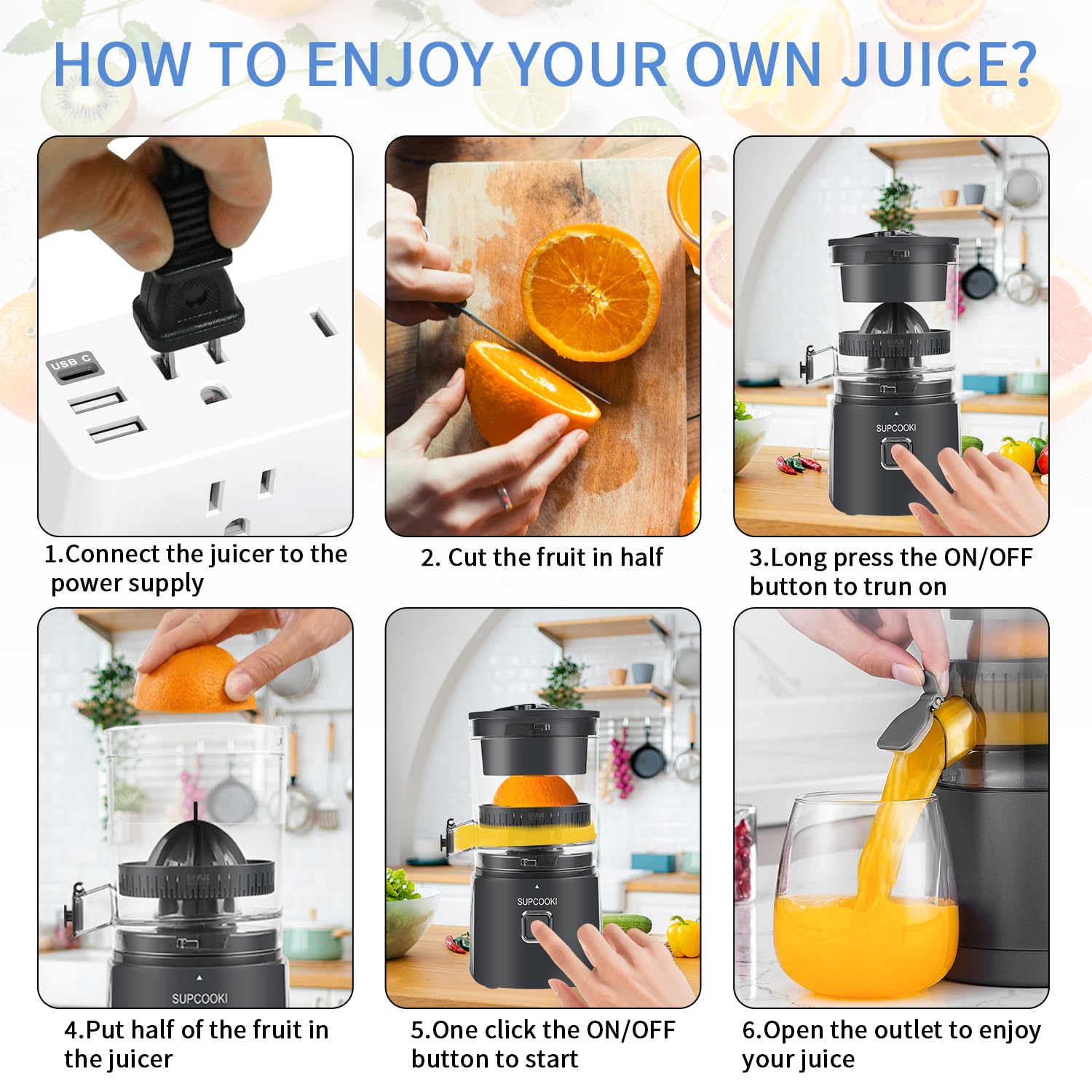 SUPCOOKI Electric Citrus Juicer Hands Free, Automatic Juicer Machine with Cleaning Brush, Orange Lime Grapefruit Juicer Squeezer, One Touch Operation, Easy to Clean Juice Maker(Black)