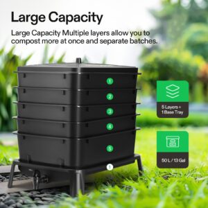 VIVOSUN 5-Layer Worm Compost Bin, 50L Worm Composter, Easy Setup Inclusive Worm Farm Kit for Recycling Food Waste