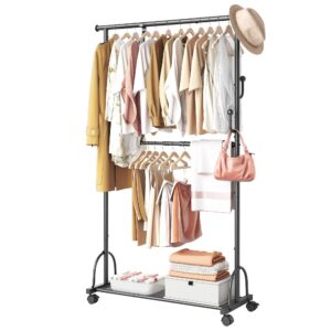 gewudraw double rod clothes rack with wheels clothing racks for hanging clothes, rolling garment rack with shelf sturdy closet rack, clothes hanger rack with hook for pants, dresses, easy to assemble