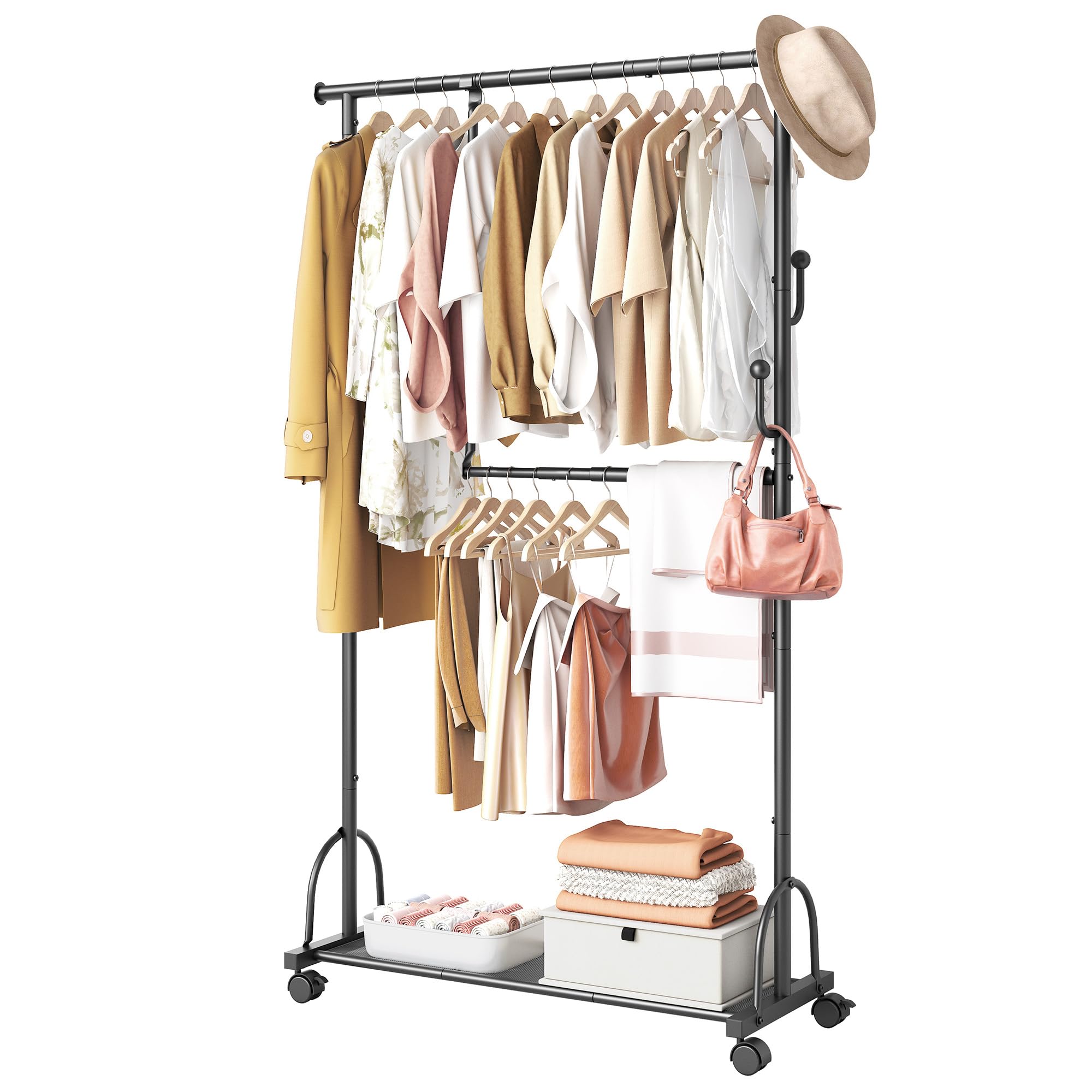 Gewudraw Double Rod Clothes Rack with Wheels Clothing Racks for Hanging Clothes, Rolling Garment Rack with Shelf Sturdy Closet Rack, Clothes Hanger Rack with hook for Pants, Dresses, Easy to Assemble