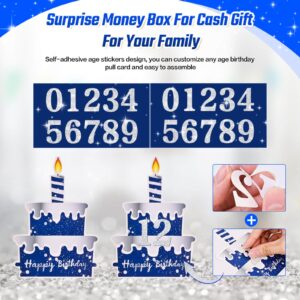 TOYEISHI Birthday Money Pull Box for Cash Gift with DIY Self-Adhesive Stickers for Any Age, Happy Birthday Money Box for Cash Gift Pull Out Cake Card and 100Pcs Bags, Birthday Party Decor Ideas-Blue