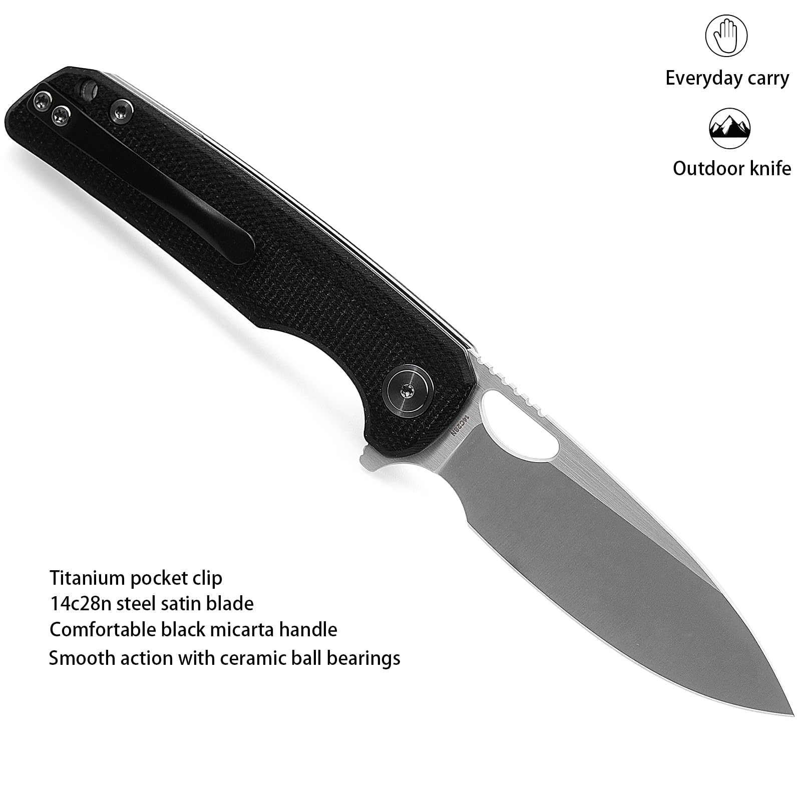 Miguron Knives M Galaty Flipper Folding Knife,3.25" 14C28N Satin Blade Black Micarta Handle, Outdoor Camping Hiking Pocket Knife MGR-818MWBK